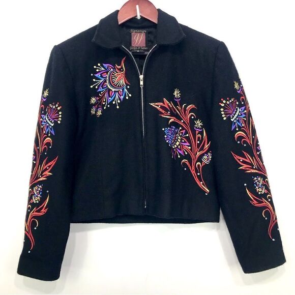 Signature Gordon & James Black Wool Colorful Embroidered Crop Jacket - Picture 1 of 15